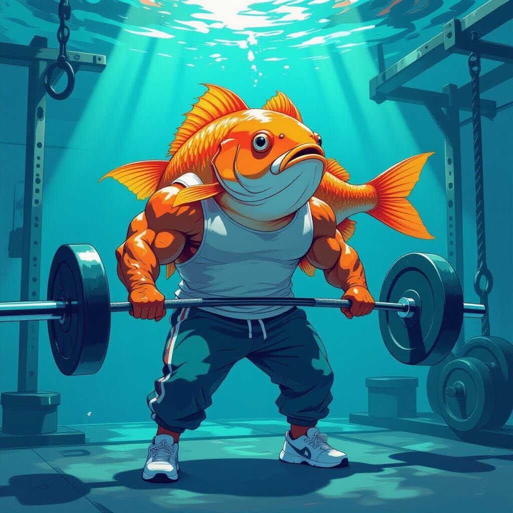 Fish Working Out in Underwater Gym, Syd Mead Style
