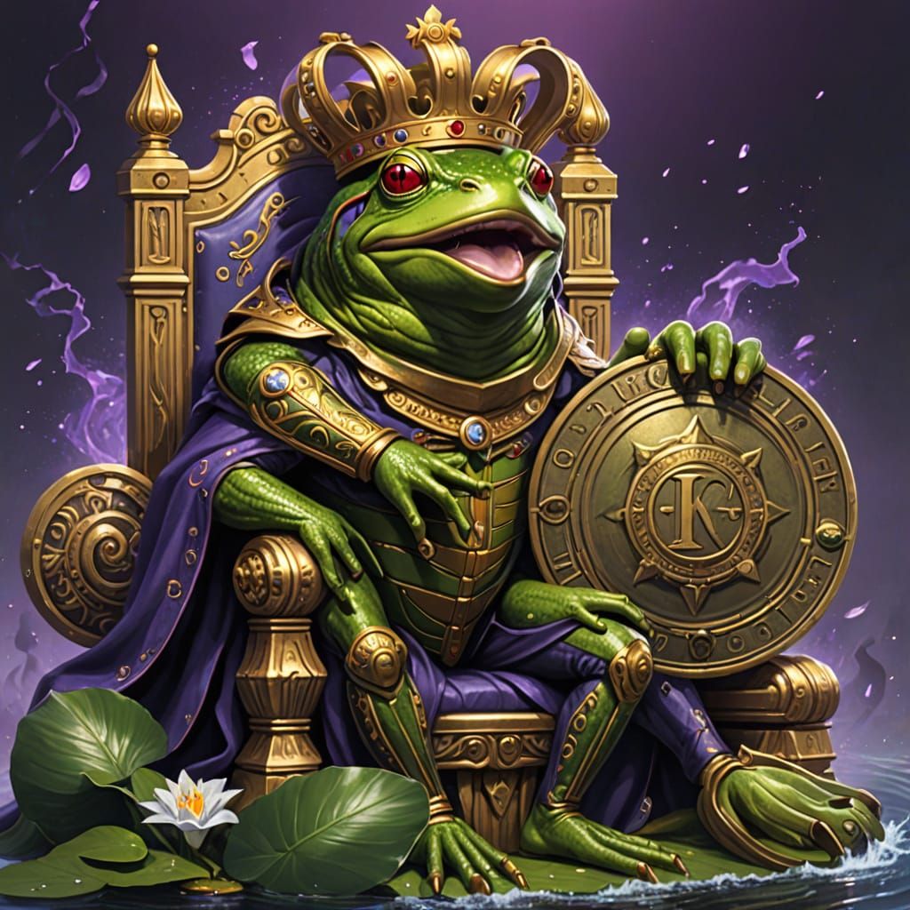 Regal Frog King Holds Ancient Coin with Mysterious Prophecy