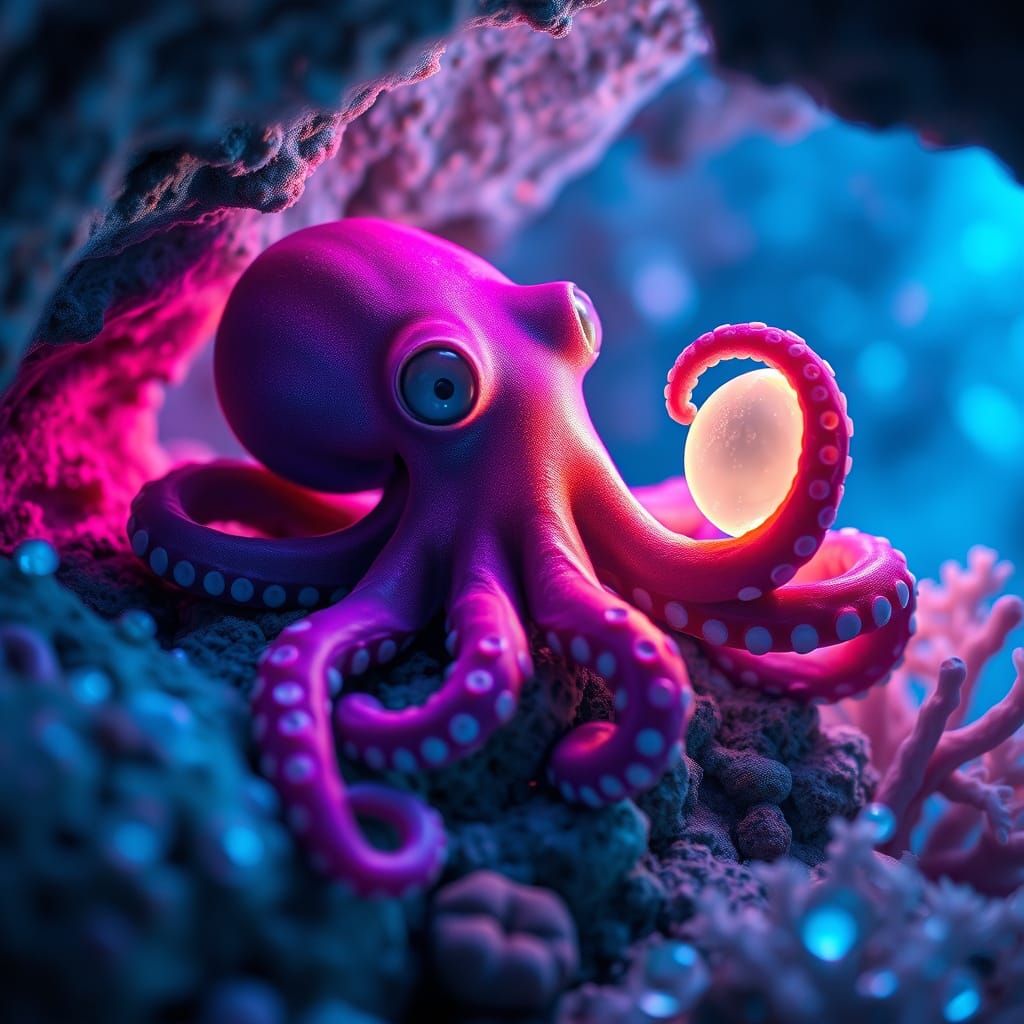 Bioluminescent Octopus in a Dreamlike Underwater Cave