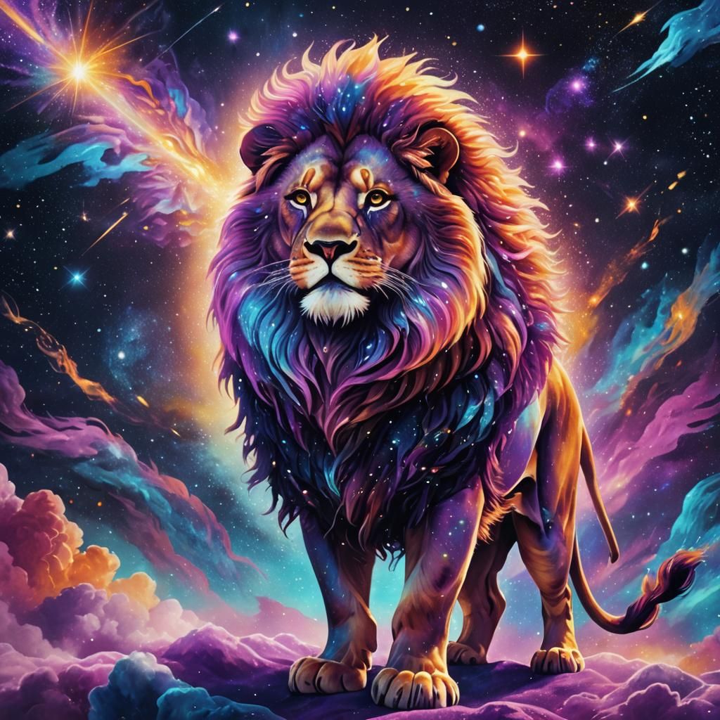 Cosmic Lion on Astral Plane in Pablo Amaringo Style
