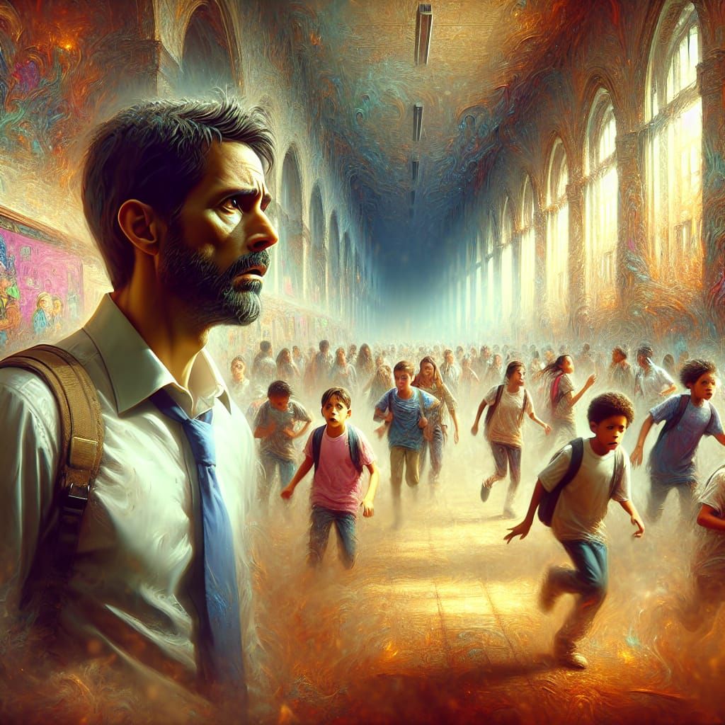 Turbulent School Corridor with Worried Teacher