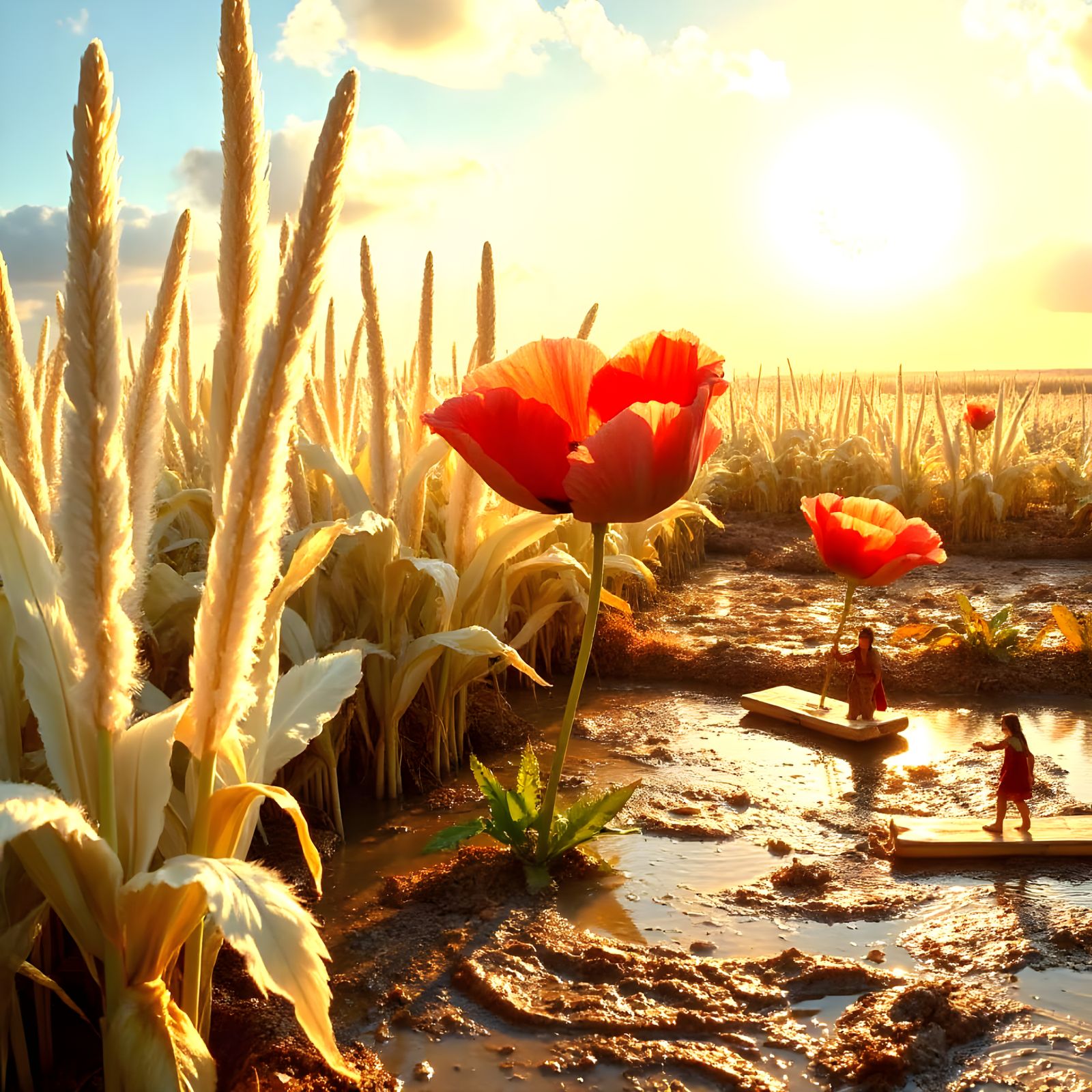 Feather Corn Stalks With Jewel Poppies and Tiny People
