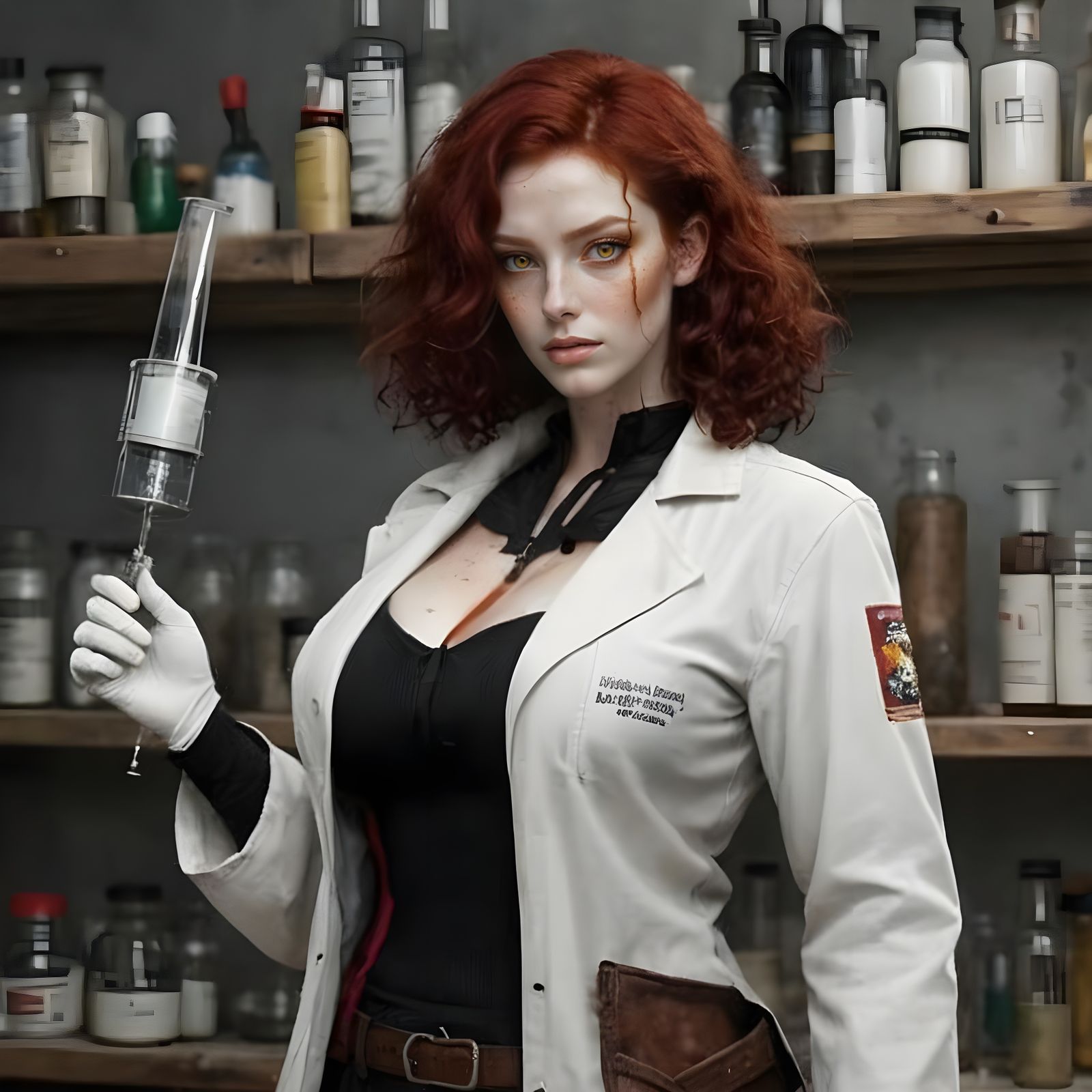 Agitated Woman in Post-Apocalyptic Alchemy Lab