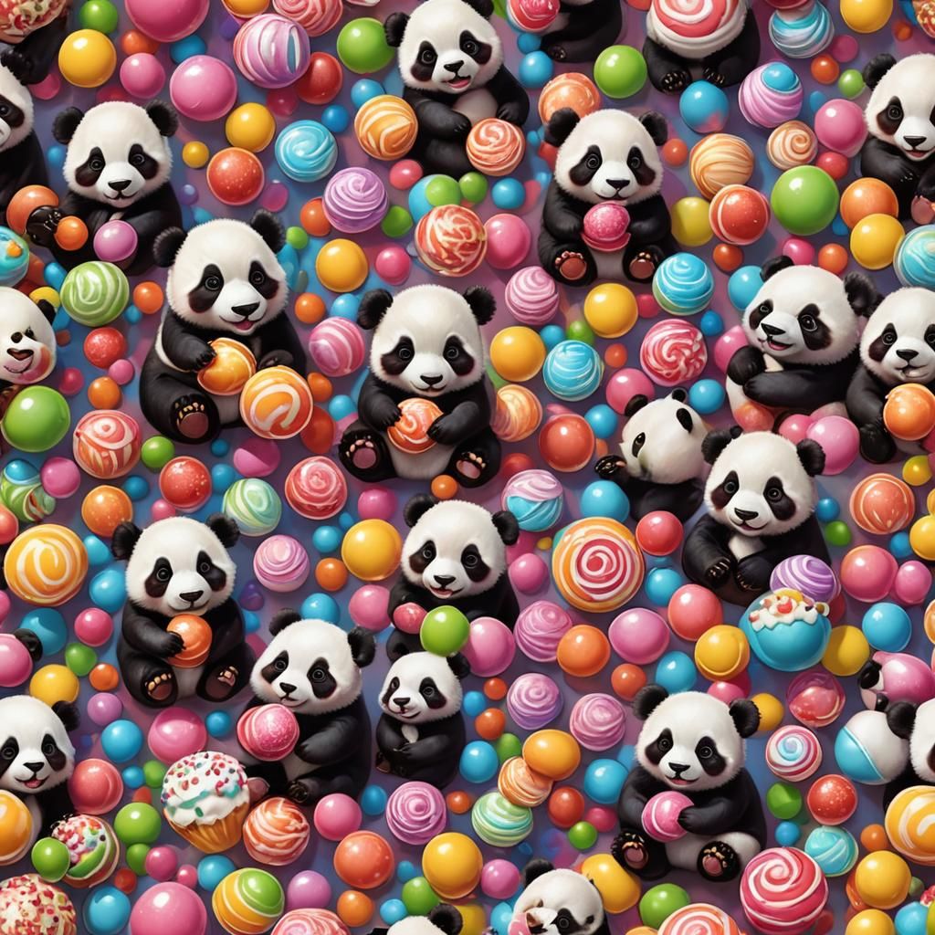 Five Adorable Baby Panda Bears in Candy Art Style