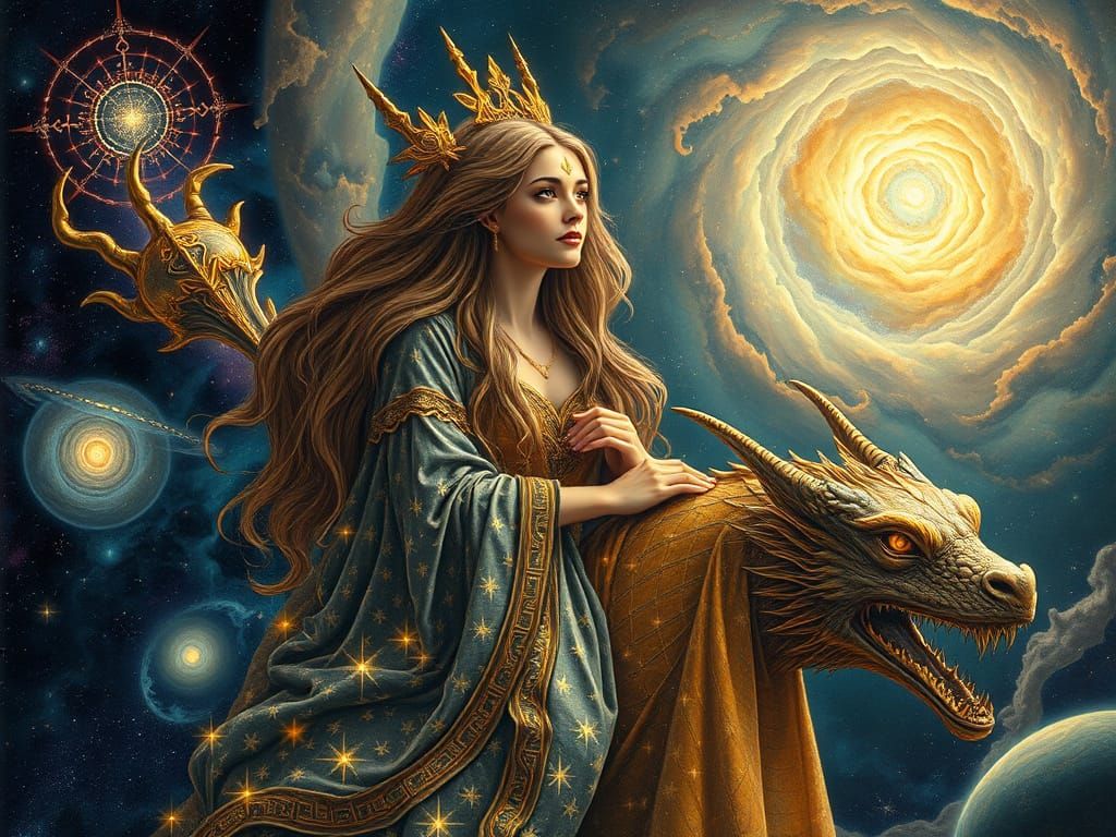 Surreal Cosmic Wizardress Rides Space Dragon in Starlight Ro...