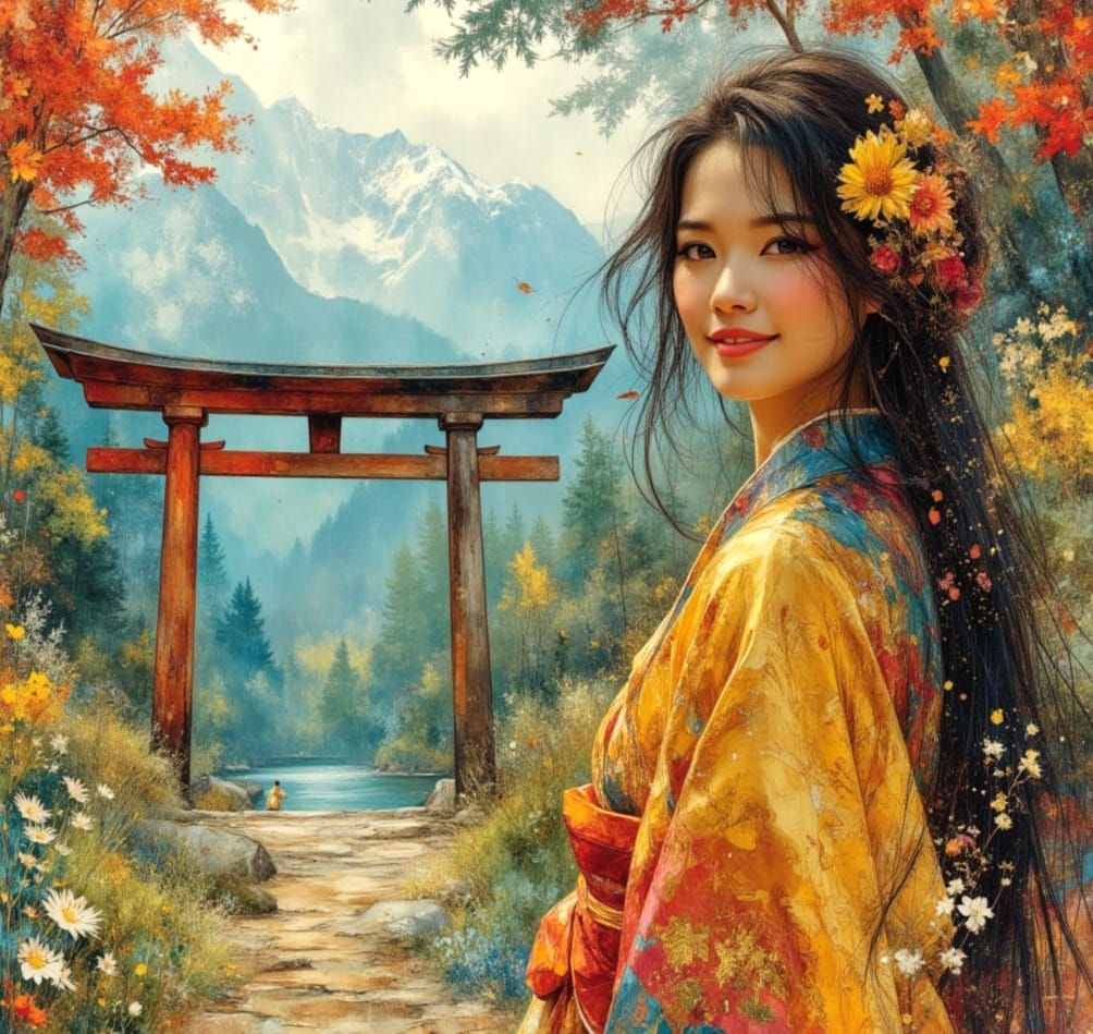 Japanese Lady at Torii Gate in Watercolour Style