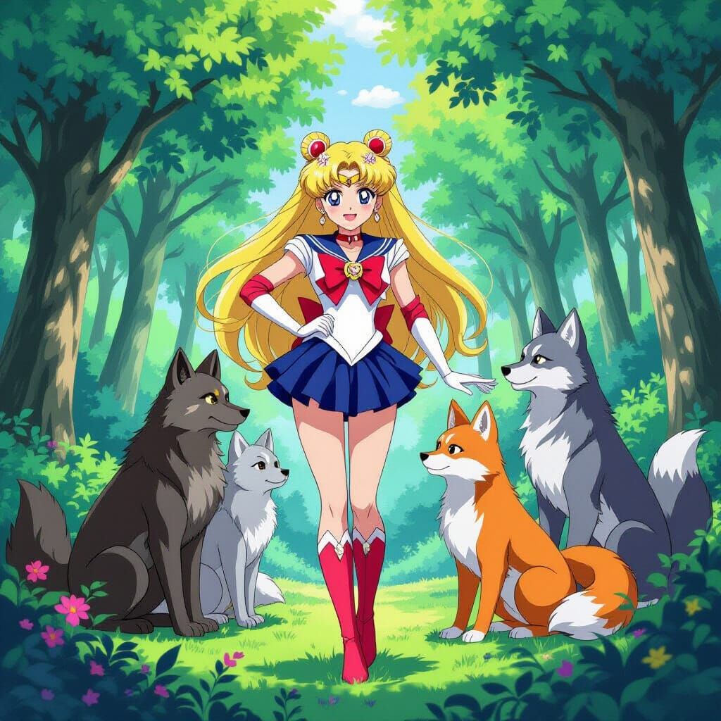Sailor Moon Werewolf Girls in Forest Anime Style