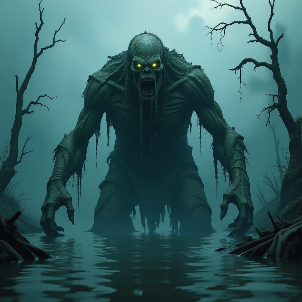 Colossal Swamp Monster in Dark Cinematic Horror Style