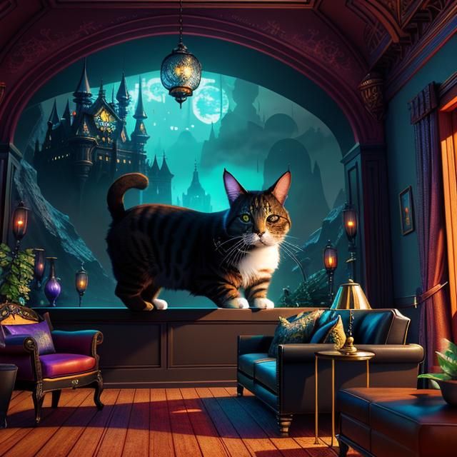 Cat-Rabbit Hybrid in Magical Living Room