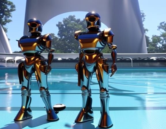 Robots Clean Baroque Pool in Sci-Fi Style