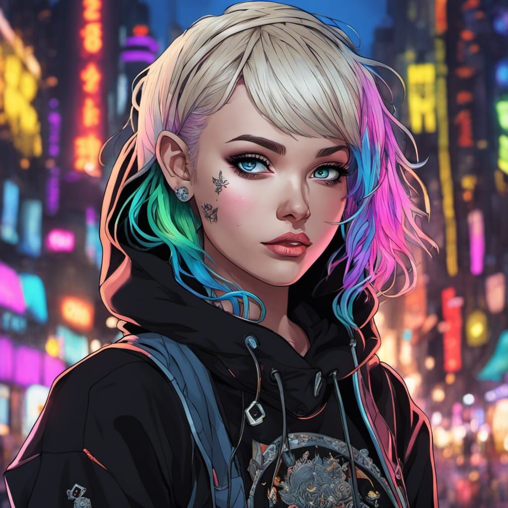 Anime Goth Girl Portrait in Neon Forest