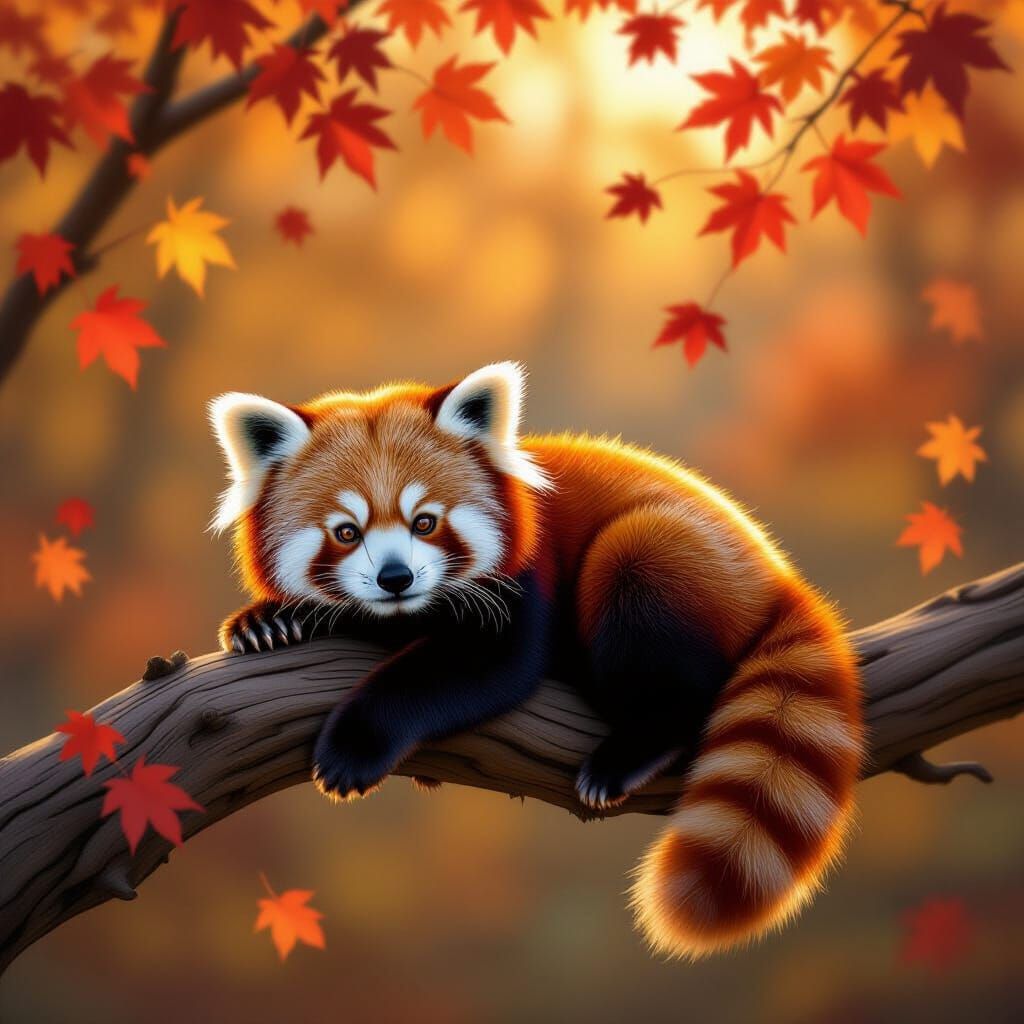Fluffy Red Panda on Oak Branch in Autumn Light