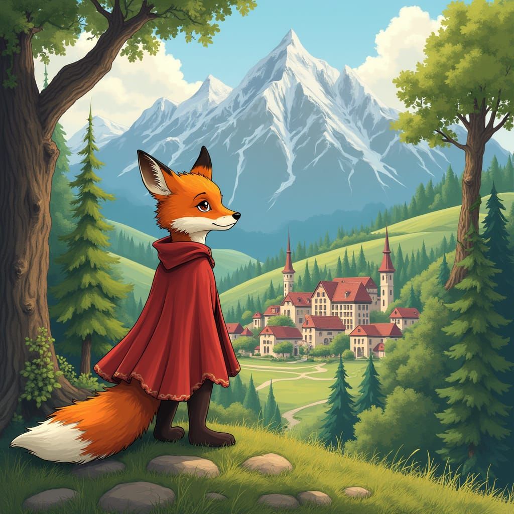 Fox in Cloak Overlooking Village Illustration