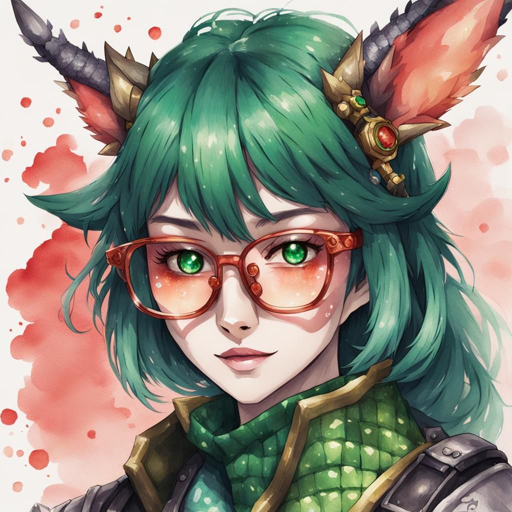 Emerald Kobold Warrior in Anime Watercolor Portrait