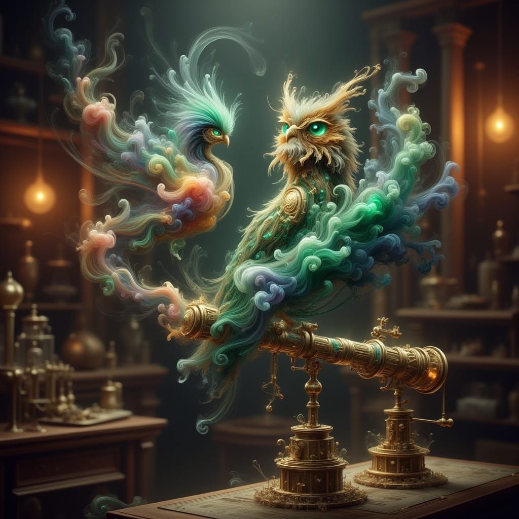 Clockwork Owl Gazes at Gear Nebula in Steampunk Workshop