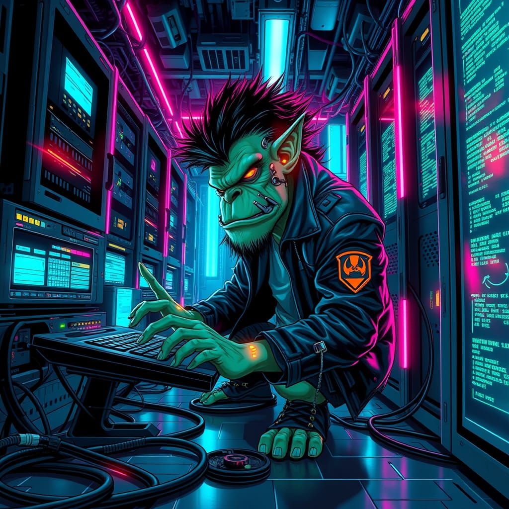 Cyberpunk Troll Hacking Mainframe in Neon Data Center
