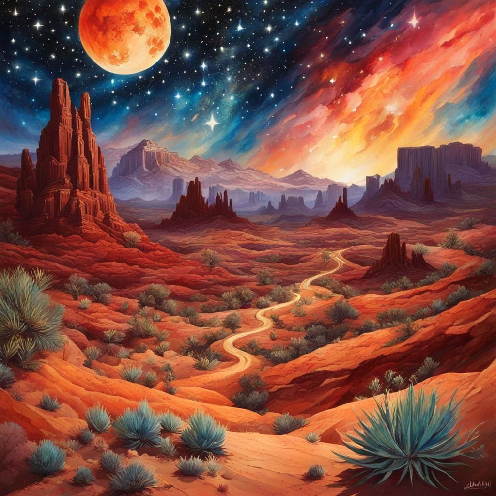 Starry Desert Canyon Double Exposure Watercolor