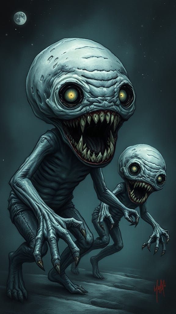 Hollow eyes, sharp white teeth Deformed, humanoid creatures with hollow, dark holes where their eyes and mouths shou...