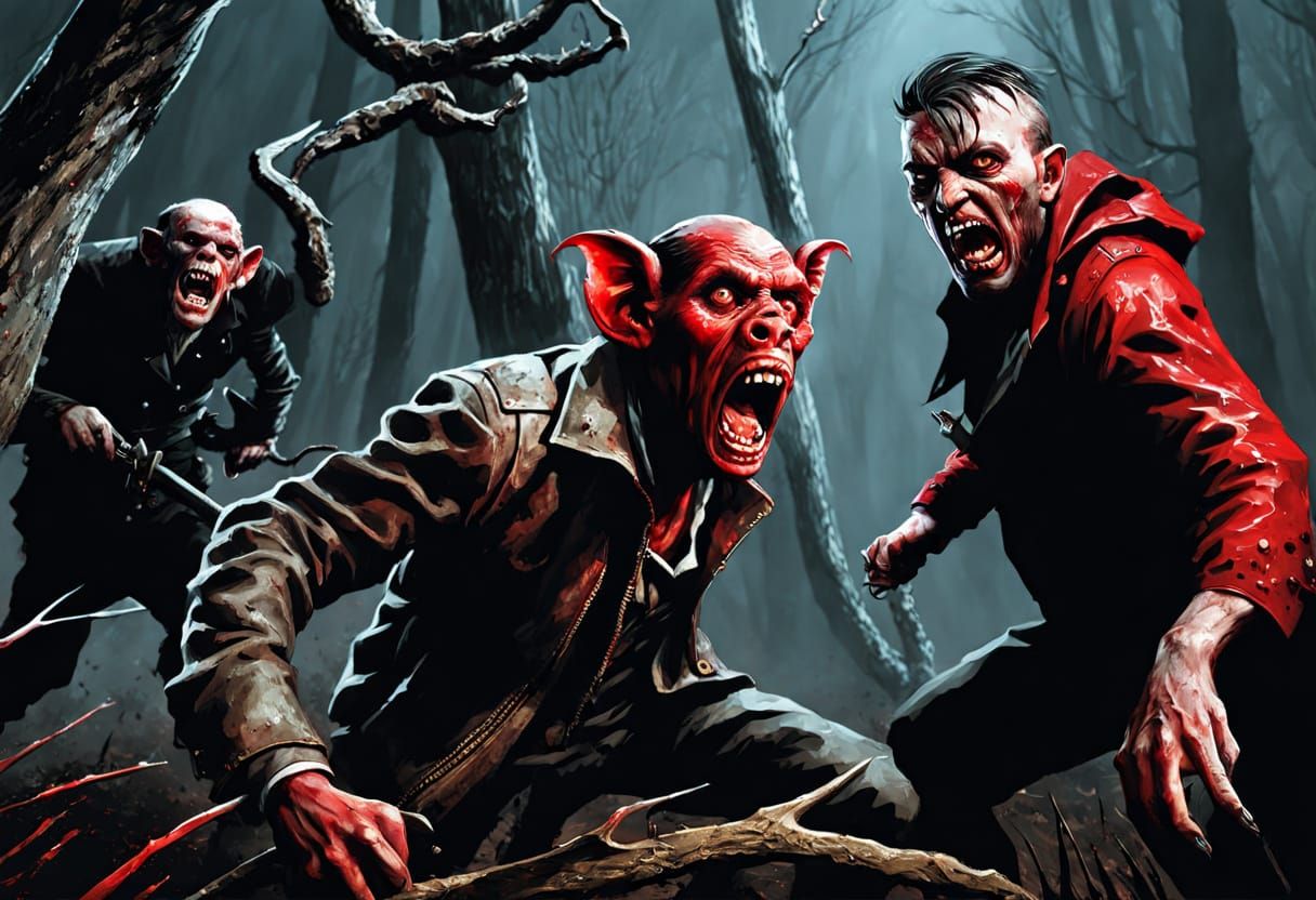 Terrifying Monkeys and Pigs with Horns in Surreal Forest