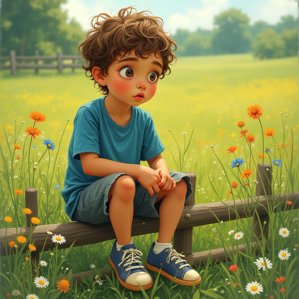 Boy in Whimsical Americana Landscape