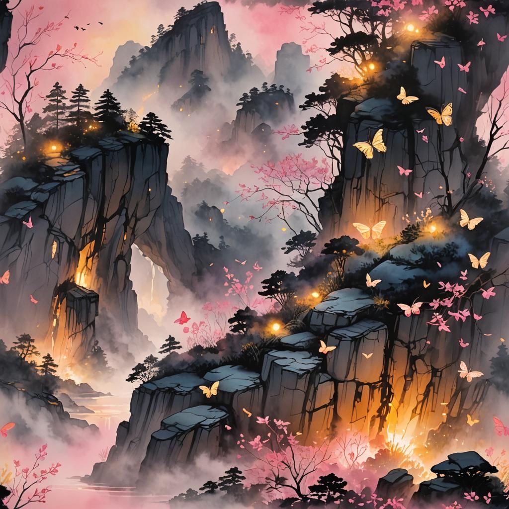 Magical Sumi-e Cliff with Fireflies and Lights