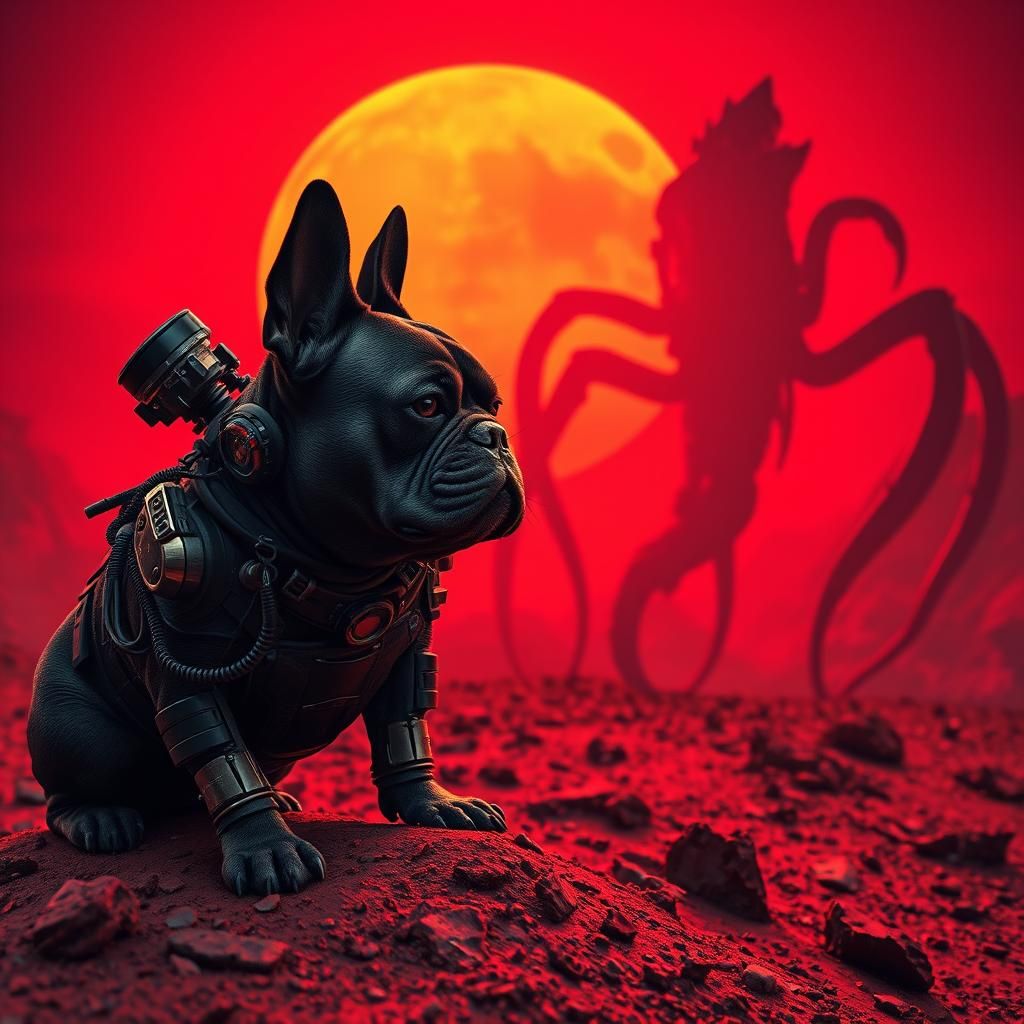 Cybernetic French Bulldog Battles Alien Creature