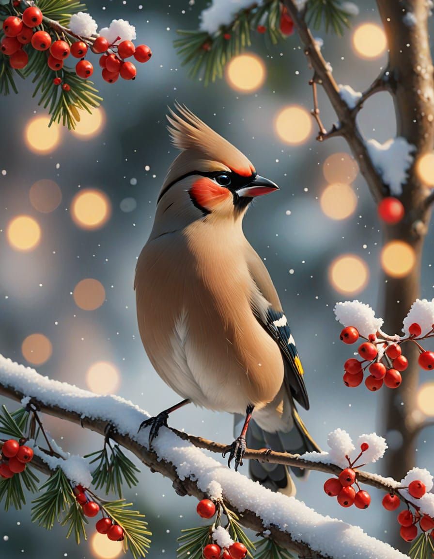 Whimsical Winter Wonderland with Perched Bohemian Waxwing