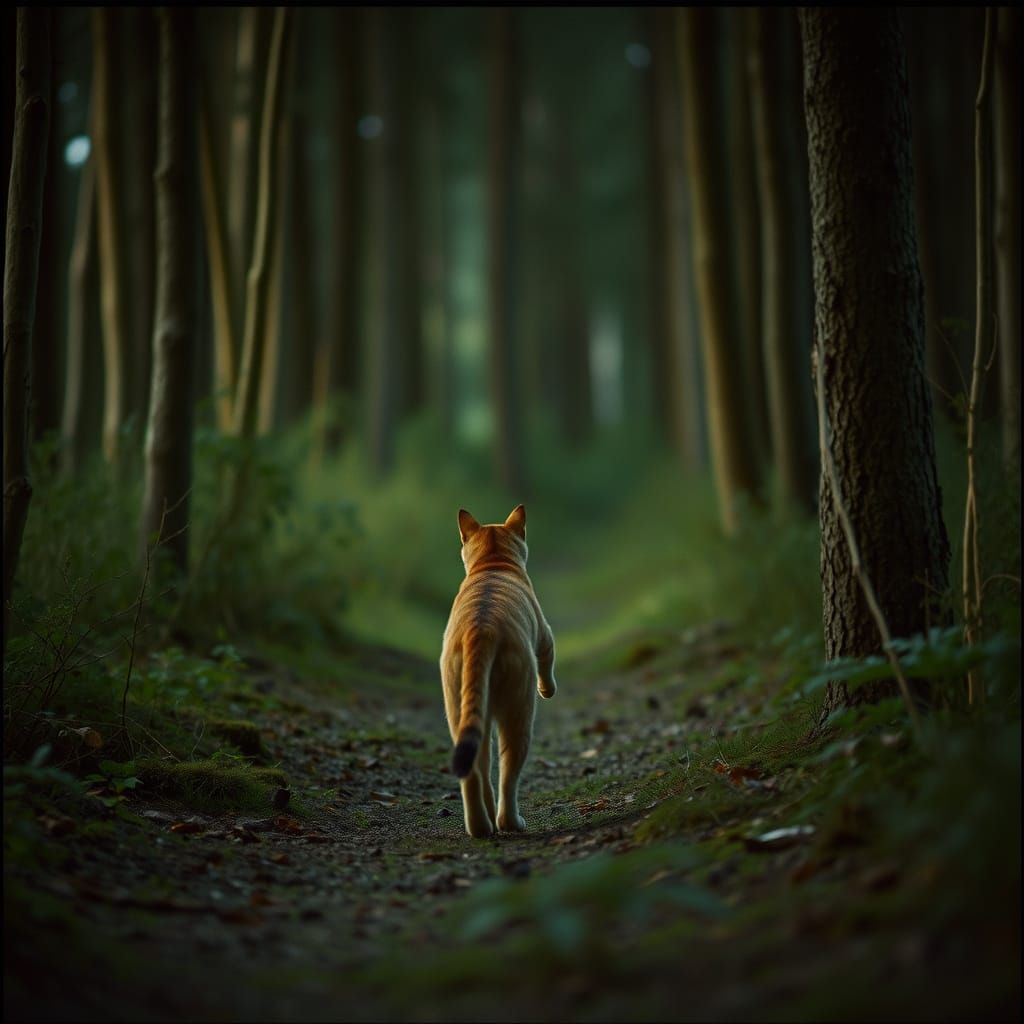 Ethereal Cat Emerges from Forest in Cinematic 35mm Film Stil...