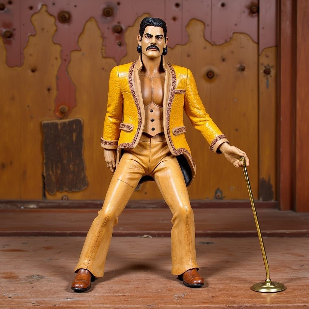 Wooden Freddie Mercury Carving in Rustic Style