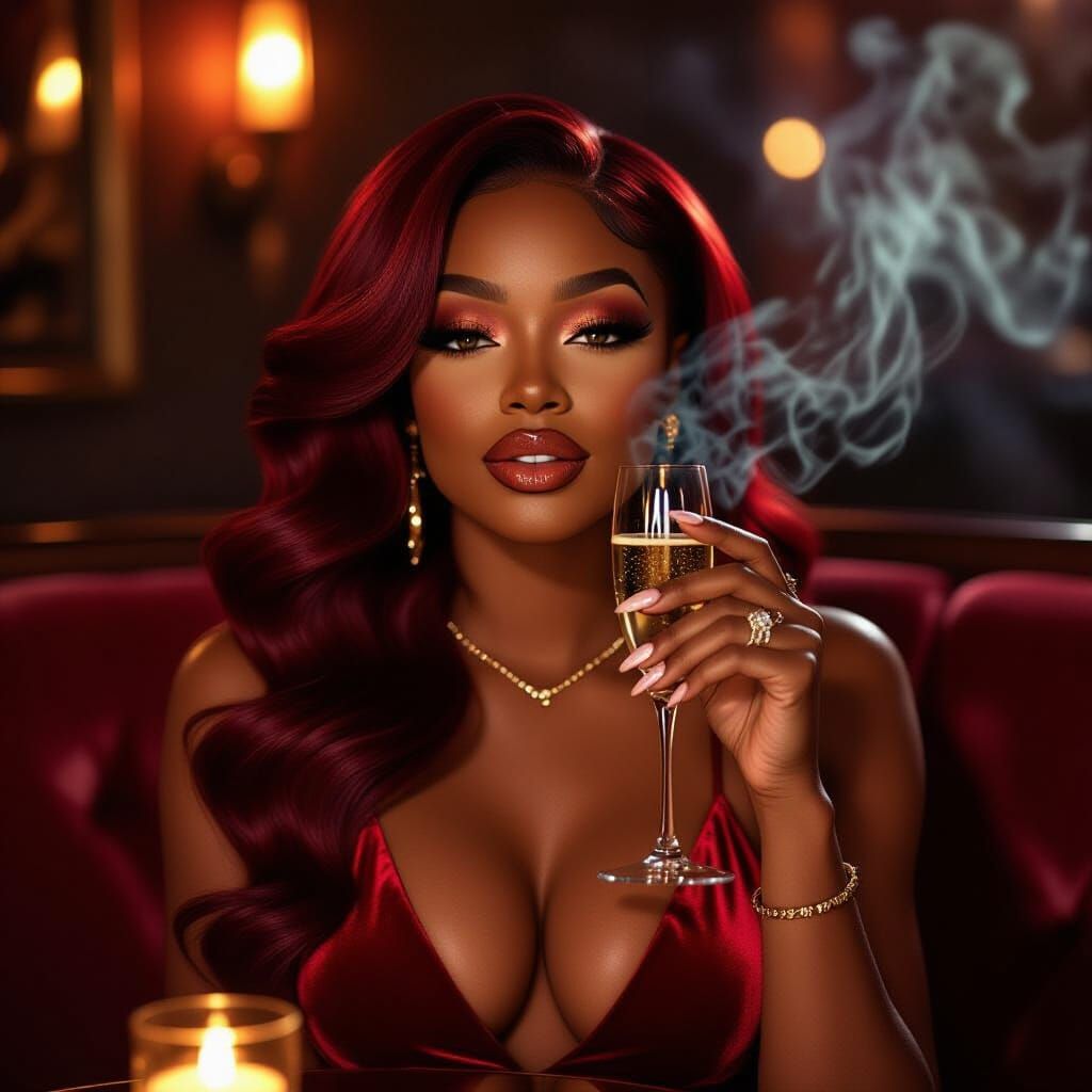 Beautiful Black Woman Sipping Champagne in Luxury Lounge