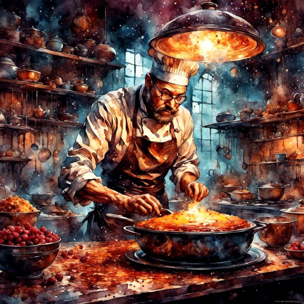 Chef Baking Cake in Restaurant Kitchen, Comic Book Art