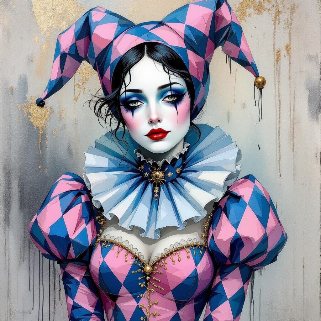 Melancholic Harlequin in Abstract Watercolor Painting