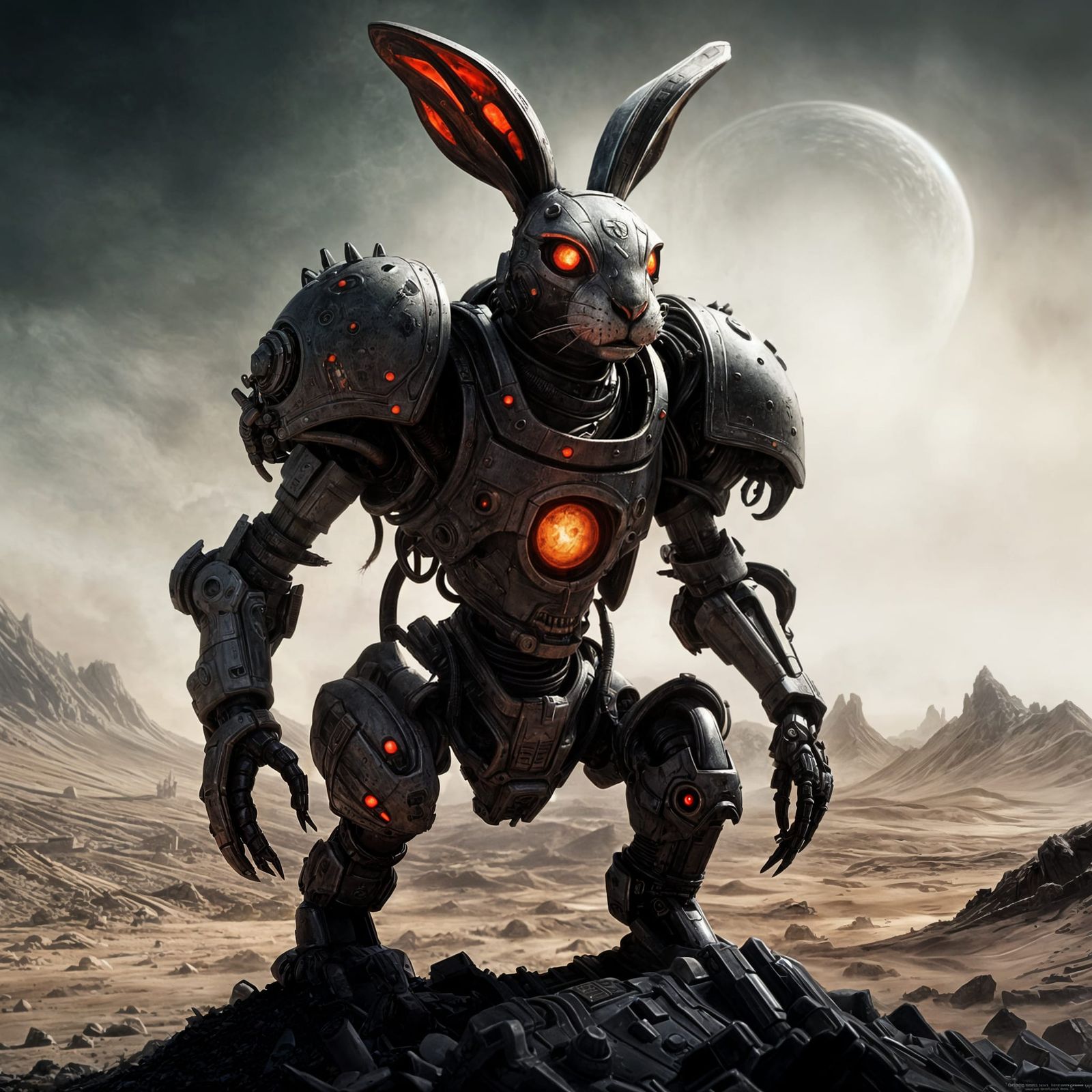 Terrifying Cyborg Rabbit Space Marine in Biomechanical Style