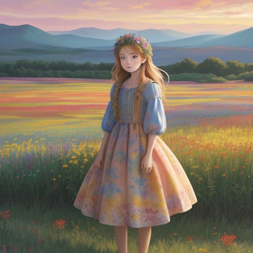 Young Girl in Wildflower Field at Golden Hour