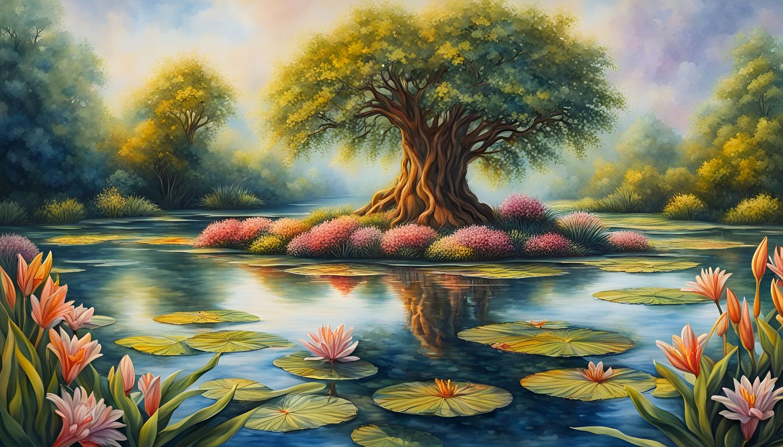 Tree of Life over Lily Pond in Watercolor Style