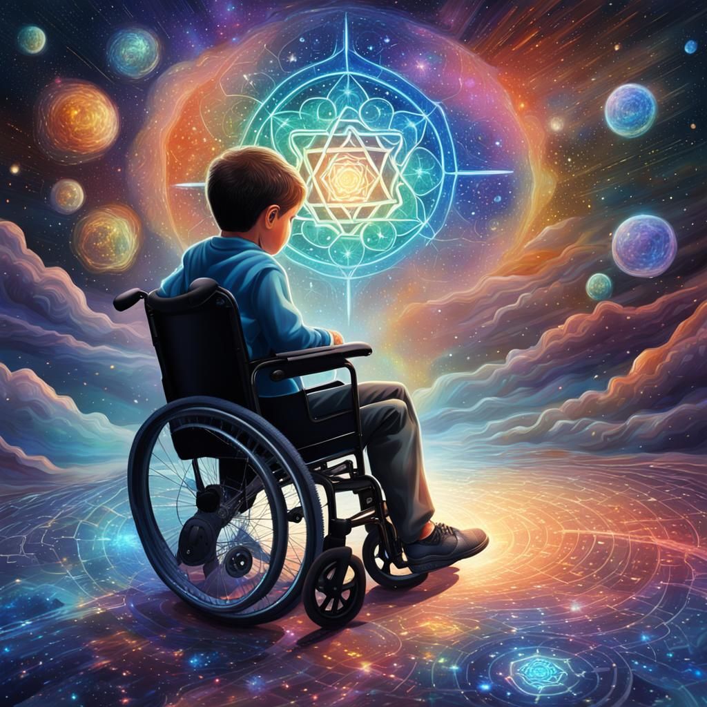 Disabled Boy's First Step: Holographic Cosmic Illustration