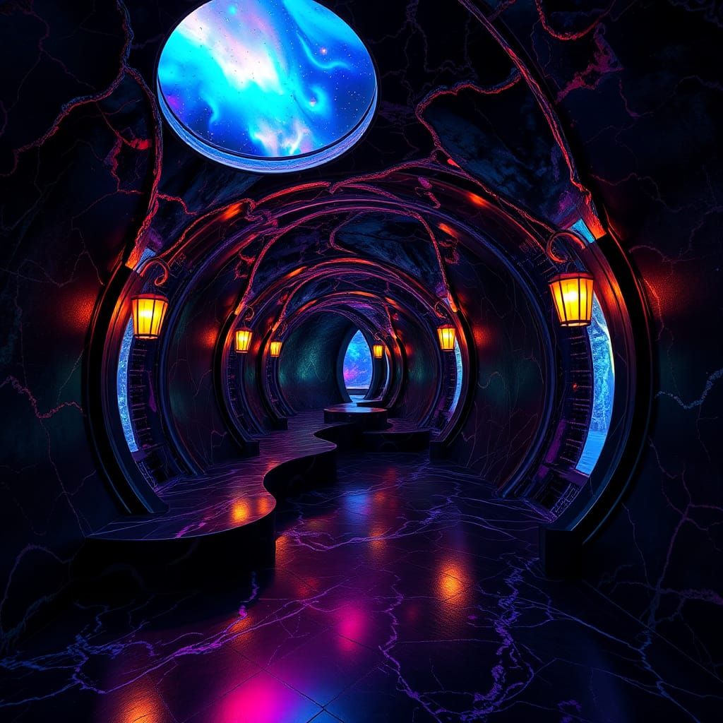 Iridescent Marble Tunnels with Rainbow Sheen