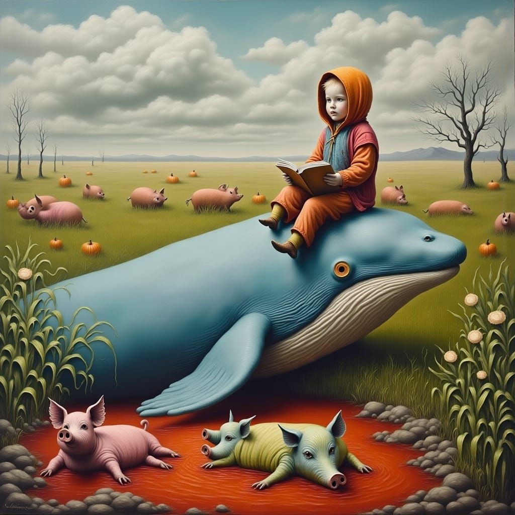 Whimsical Whale and Pig Landscape in Impasto Style