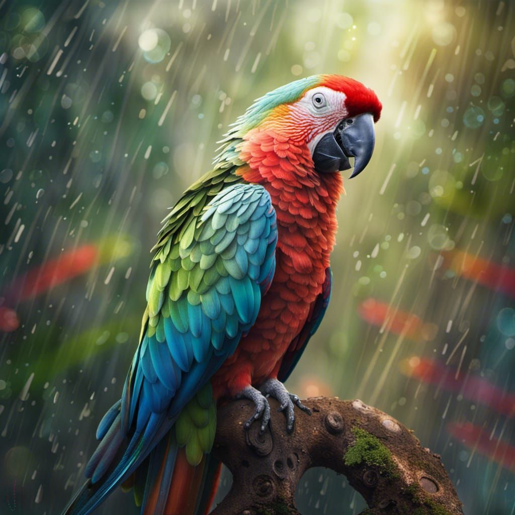 Colorful Parrot in Rainy Jungle, Ethereal Photography