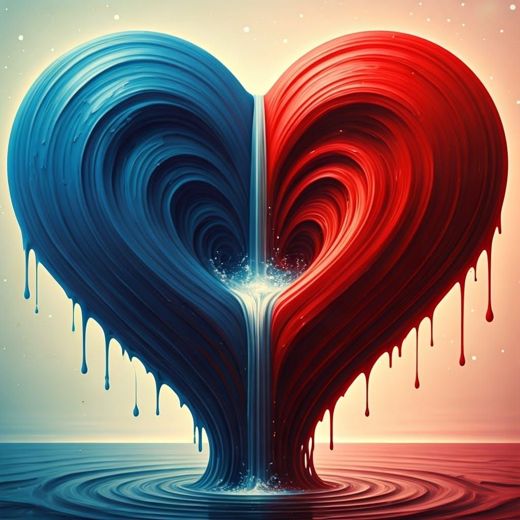 Surreal Hearts Merge in a Dreamlike Waterfall Scene