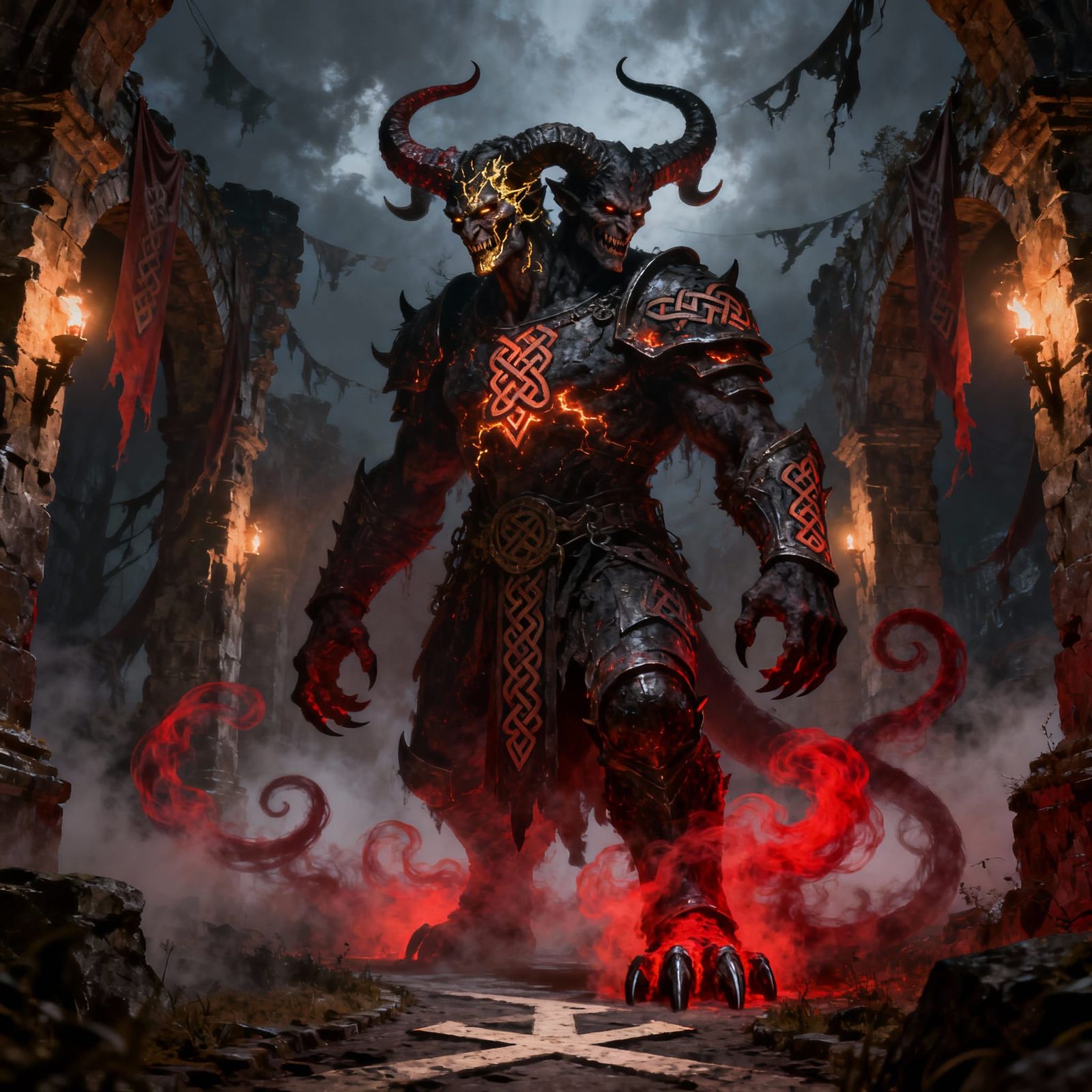 Giant Two-Faced Demon at Crossroads in Red Fog