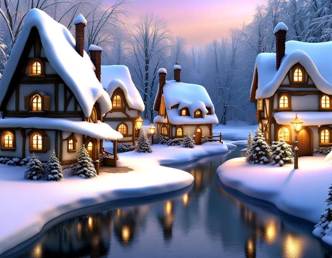 Winter Fairies Frolic in Snowy Riverside Village