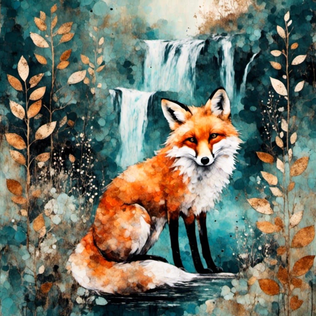 Whimsical Fox by Waterfall in Modern Style