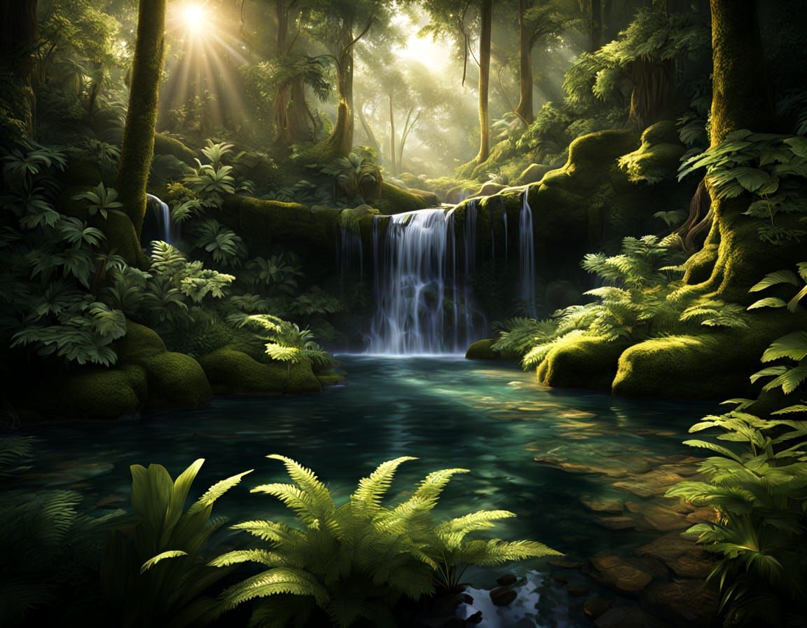 Photorealistic Rainforest Waterfall Serene Pool