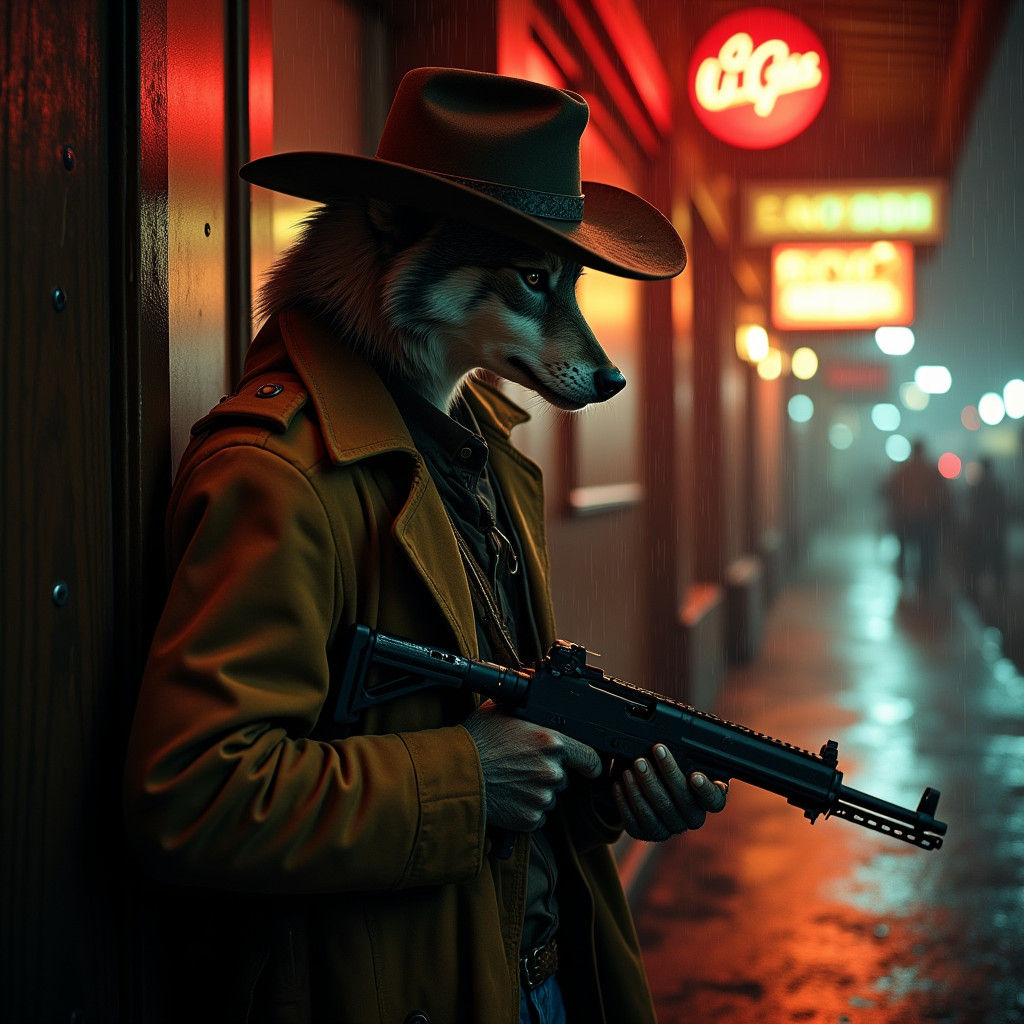 Wolf Cowboy in Cyberpunk Saloon Doorway