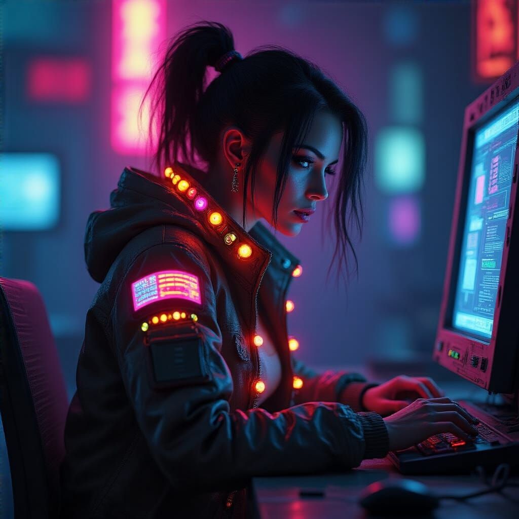 Cyberpunk Woman at Computer Terminal in Hyperrealistic Style