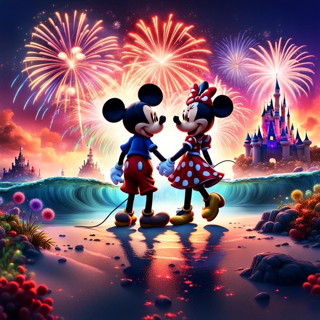 Mickey and Minnie Mouse kissing on deserted island in middle of ocean. White background filled with fireworks. Double ex...