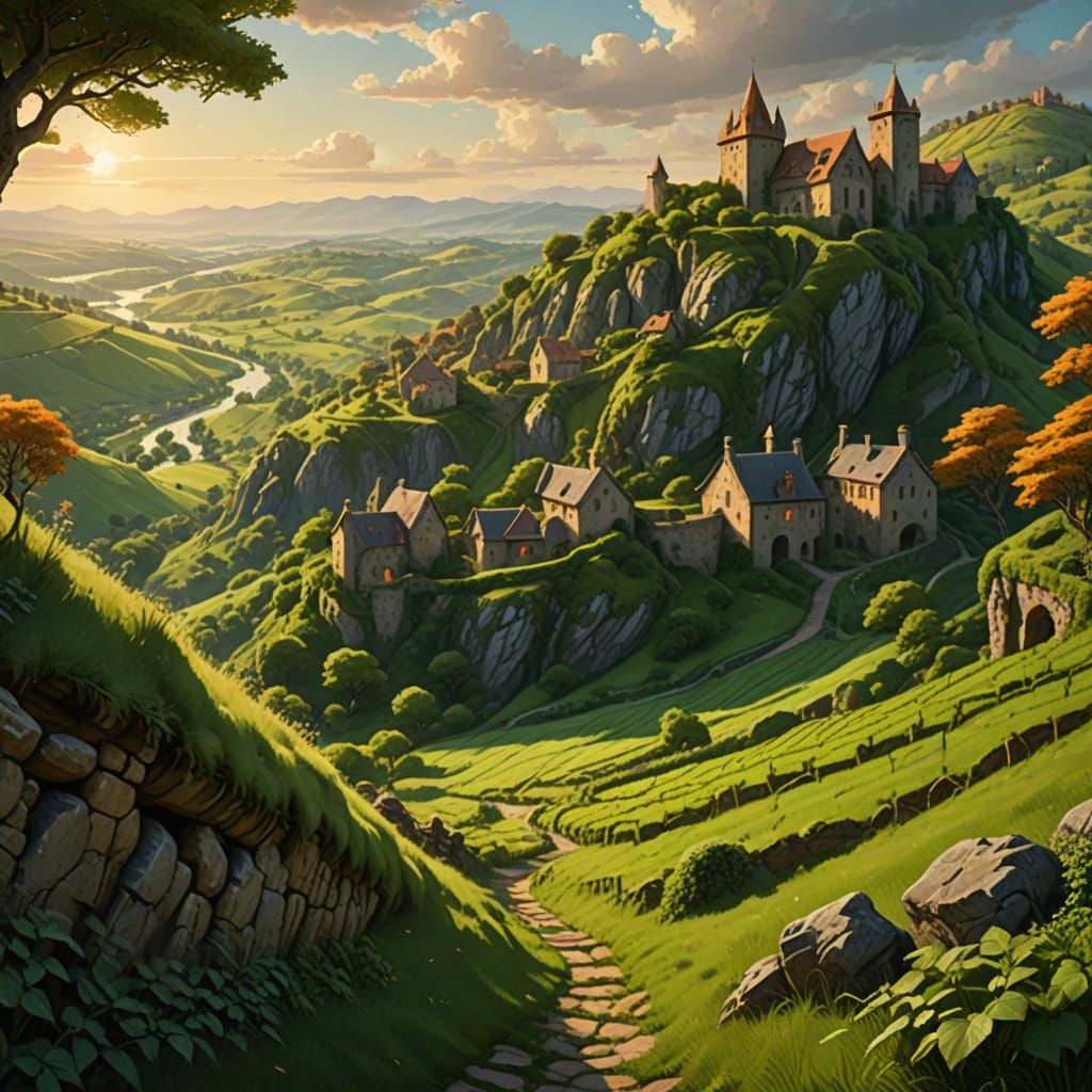 Fantasy Vineyard Landscape in Golden Light