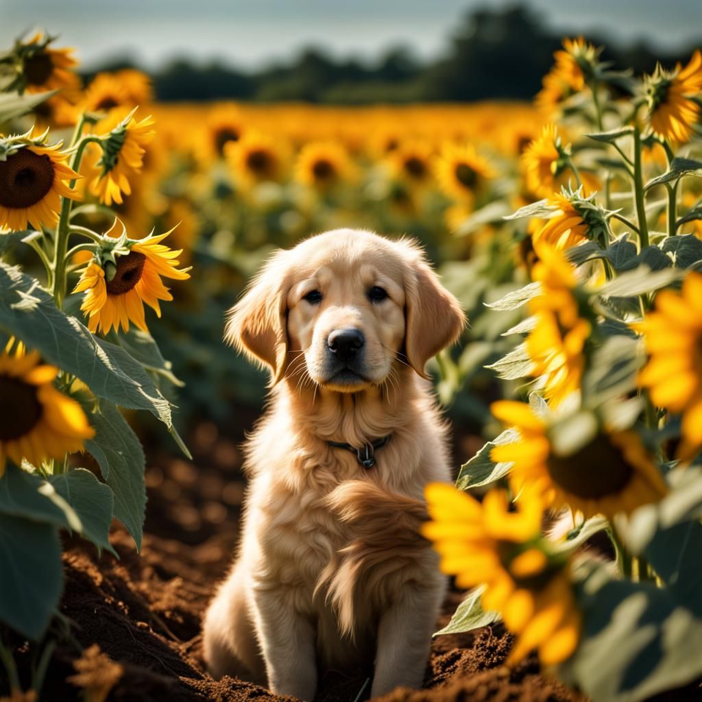 Golden Retriever Puppy in Sunflower Field, Hyperrealistic