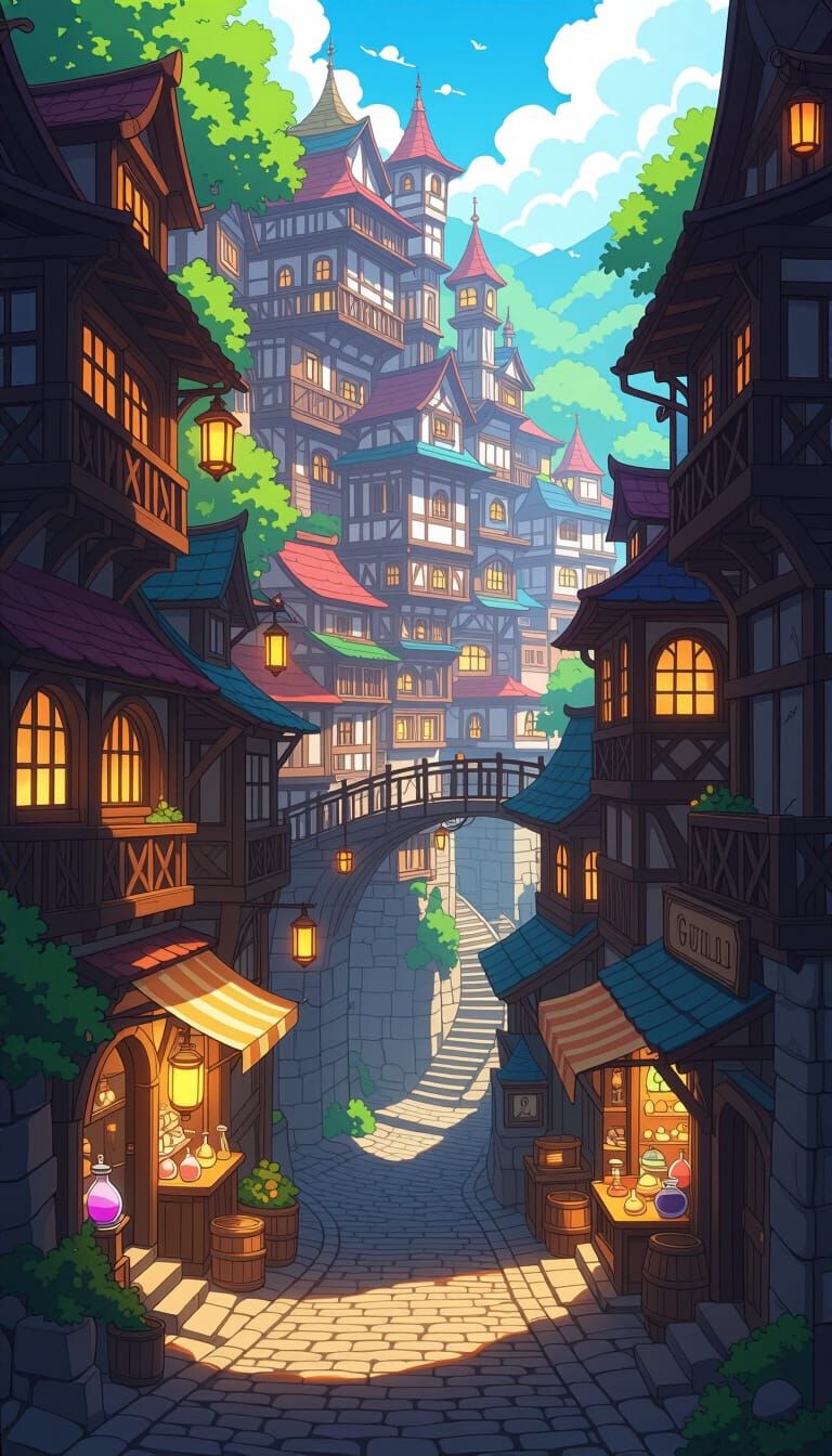 Vibrant Anime Steampunk Town in Studio Trigger Style